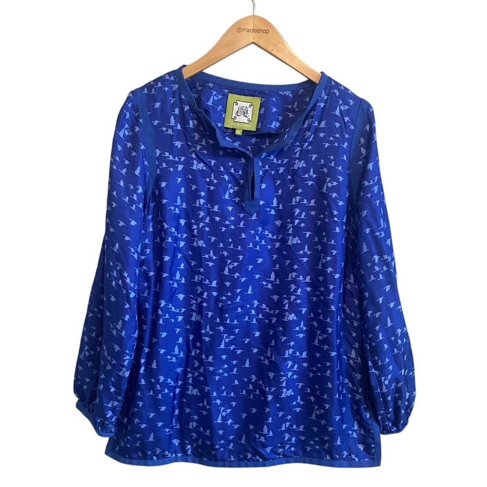 Elizabeth McKay Blue Bird Print 100% Silk Long Sleeve Popover Blouse Size 8